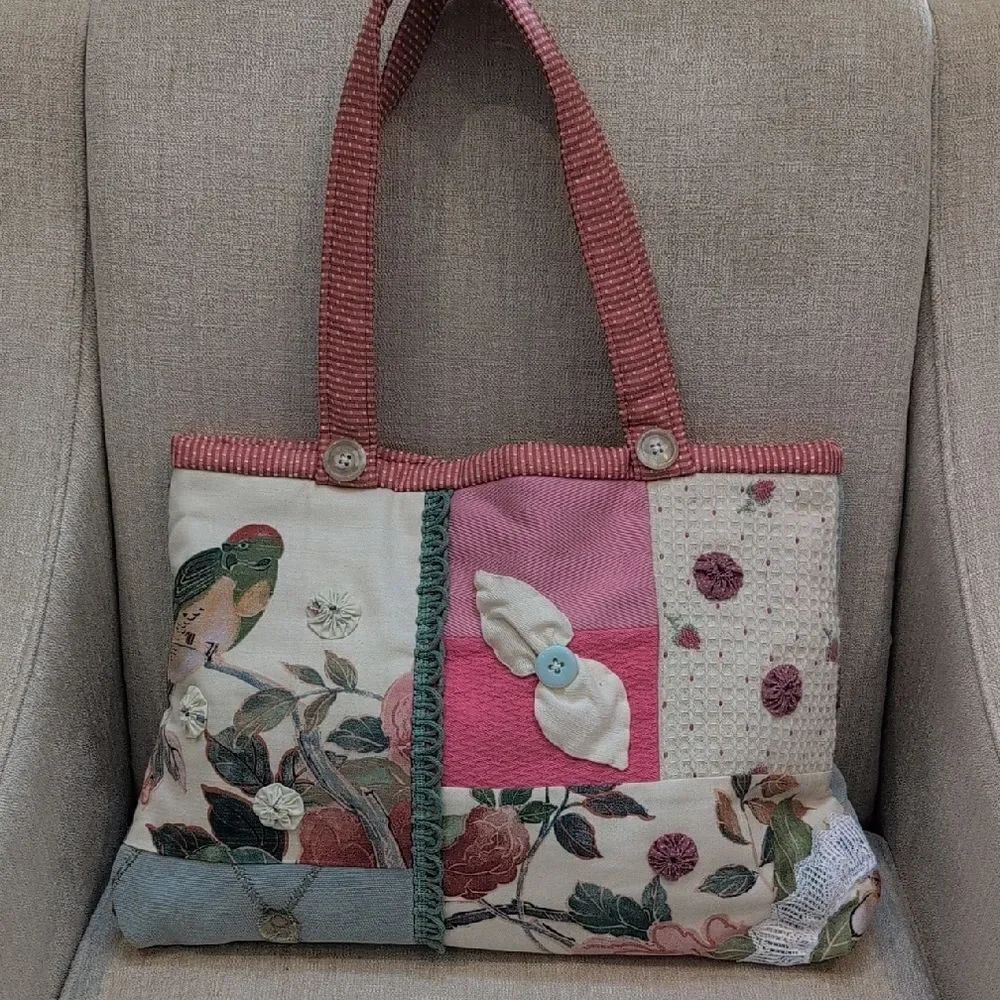 Floral Patchwork Hand Crafted Double Handle Tote Bag